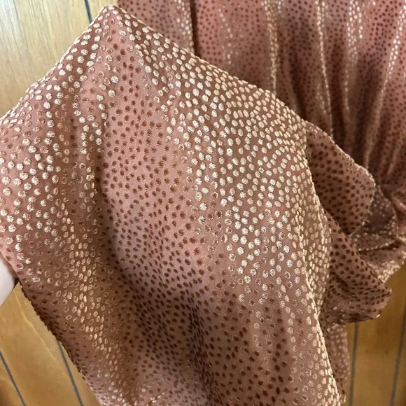 ASTR The Label Ginger Ruched Ruffle Midi Dress Brown Polka Dot Sheer‎ Sleeve M - Picture 4 of 8